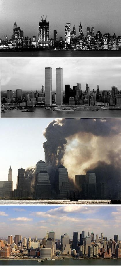 De arriba a abajo: la construcción de la primera torre del World Trade Center, vista el 9 de marzo de 1970; las torres en marzo de 1974; y el momento de su derrumbe el 11 de septiembre de 2001. Abajo, el sitio tal como se veía el 4 de marzo de 2002